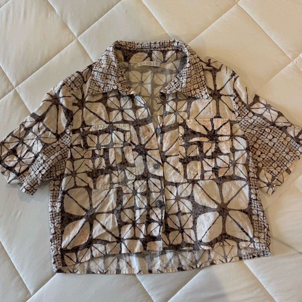Karlie Cream and Brown Geometric Crop Button-Up